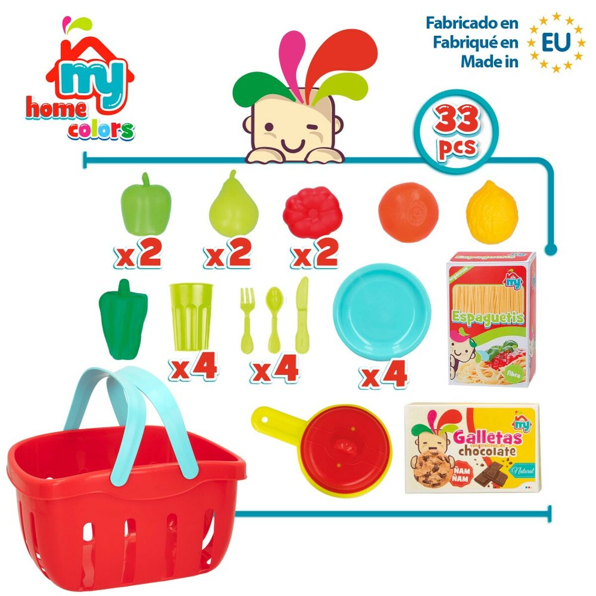 Kit aus Spielzeuglebensmittel Colorbaby Geschirr und Küchenutensilien 33 Stücke (12 Stück)