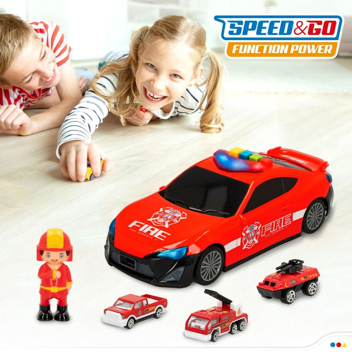 Spielset Fahrzeuge Speed & Go Feuerwehrmann Licht Sound 1:64 (4 Stück)