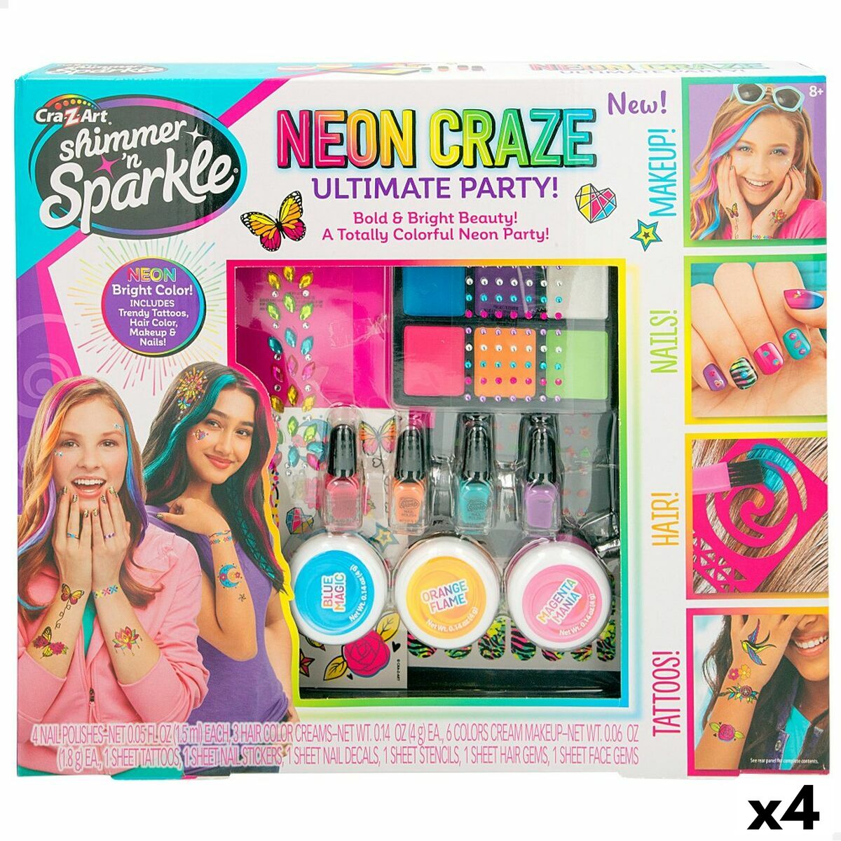 Schönheitsset Cra-Z-Art Ultimate Party Für Kinder Neon Nägel Haar Körper 4 Stück